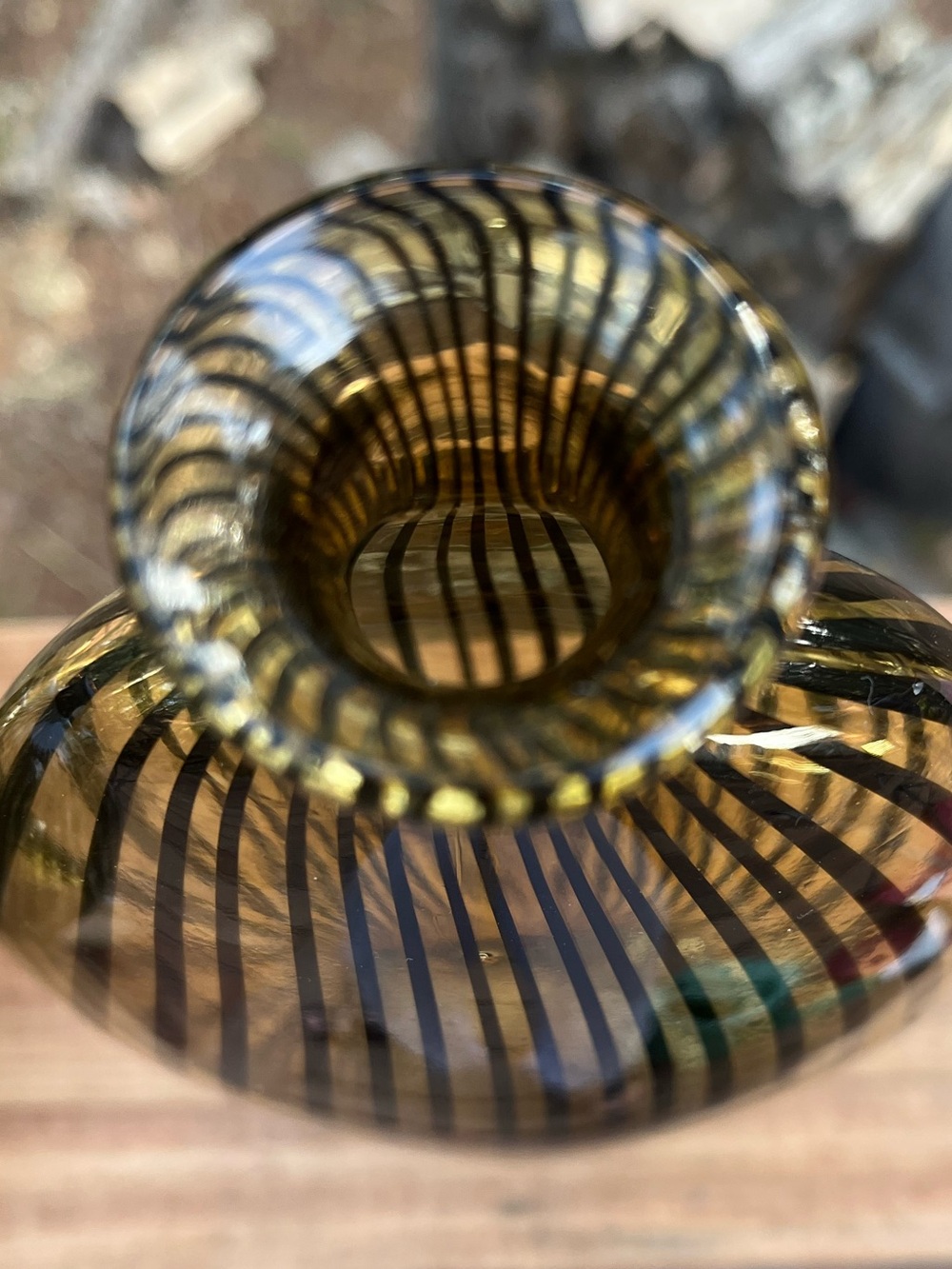 Art Deco style Amber Black stinger Stripe Sculptural Glass Vases Set of 2 - Picture 4 of 13